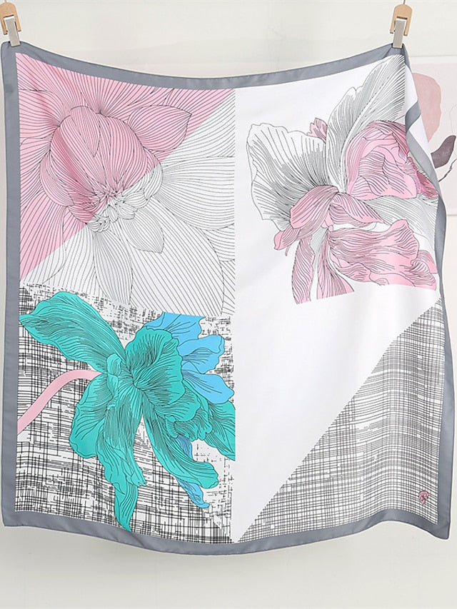 110X110cm Square Silk Scarf Women Simple Print Scarves Satin Shawl Hair Wrap Hijab Female Headband Bandana Flower Neckerchief for Women