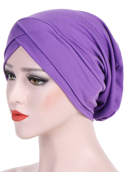 Solid Stretch Fabric Forehead Cross India Cap Turban Hat Women Elastic Turban Muslim Hijab Islamic India Hair Loss Caps Scarf Headwraps for Women