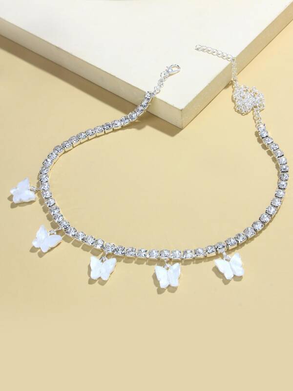 Rhinestone Butterfly Charm Necklace for Women