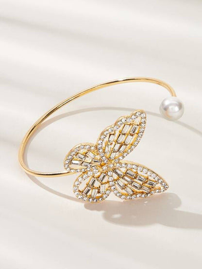 Rhinestone Butterfly & Faux Pearl Decor Cuff Bracelet 1pc for Women