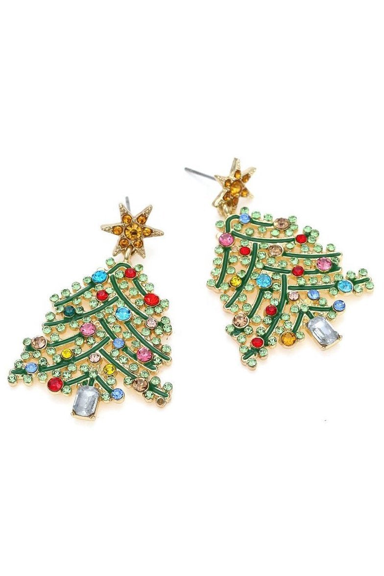Pendientes colgantes de árbol de Navidad con diamantes de imitación