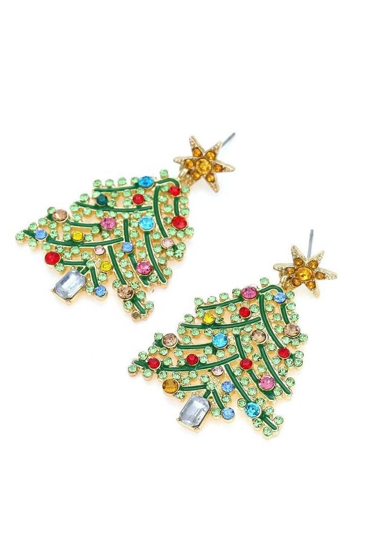 Pendientes colgantes de árbol de Navidad con diamantes de imitación