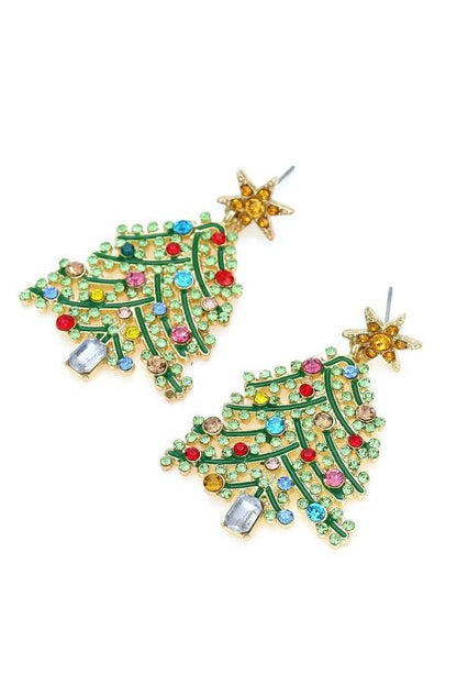 Pendientes colgantes de árbol de Navidad con diamantes de imitación