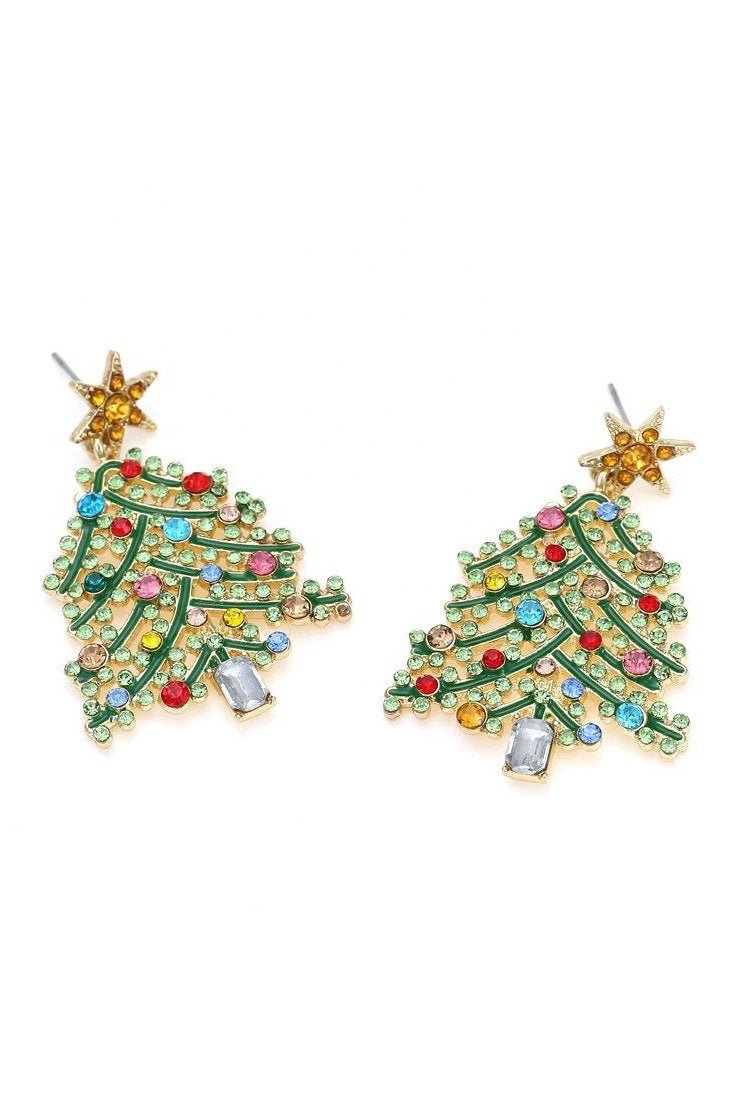 Pendientes colgantes de árbol de Navidad con diamantes de imitación