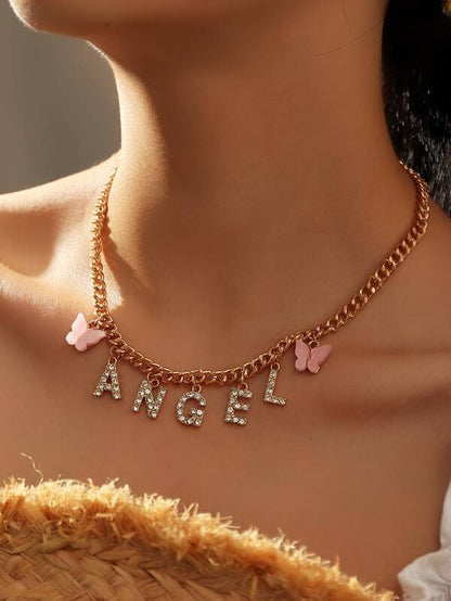 Rhinestone Letter Charm Necklace for Women