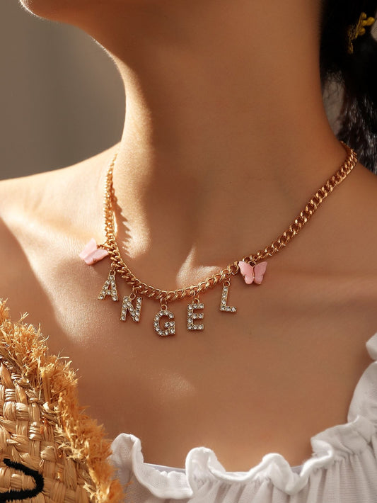 Rhinestone Letter Charm Necklace for Women