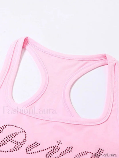 Rhinestone Letter Cropped Tank Top