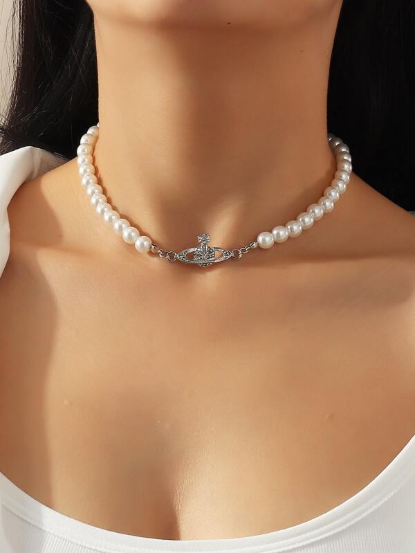 Rhinestone Planet Charm Faux Pearl Beaded Necklace for Women