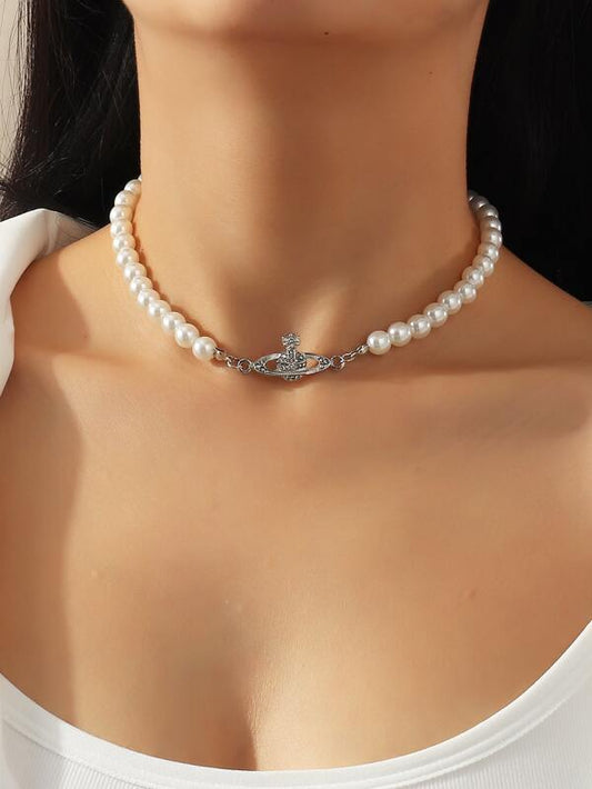 Rhinestone Planet Charm Faux Pearl Beaded Necklace for Women