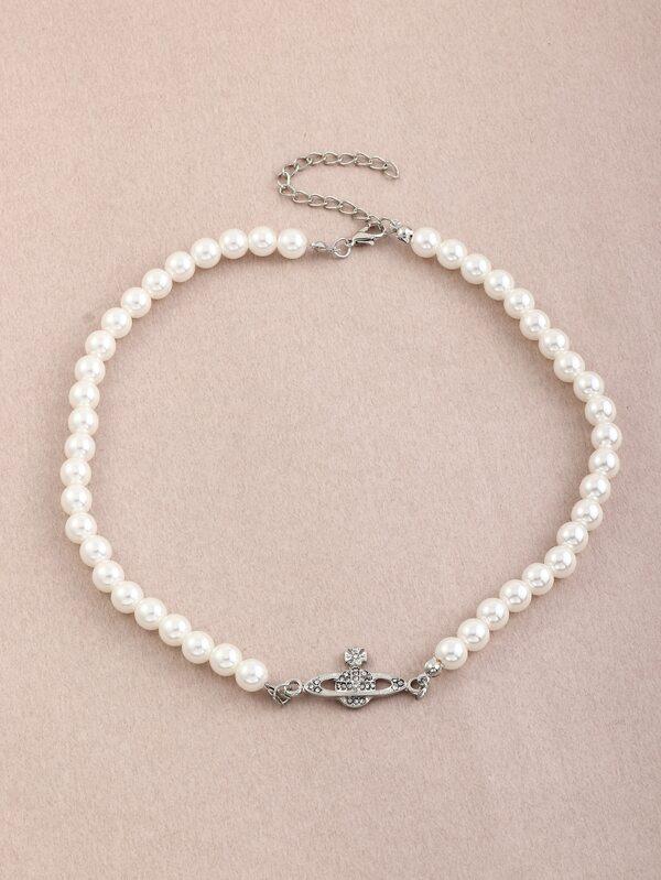 Rhinestone Planet Charm Faux Pearl Beaded Necklace for Women