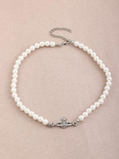 Rhinestone Planet Charm Faux Pearl Beaded Necklace for Women