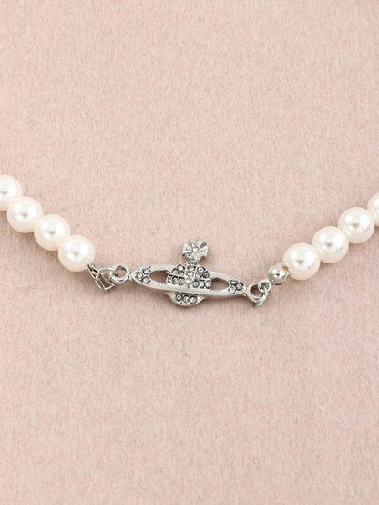 Rhinestone Planet Charm Faux Pearl Beaded Necklace for Women