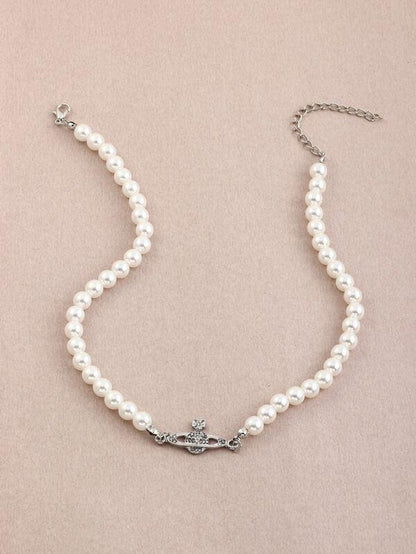 Rhinestone Planet Charm Faux Pearl Beaded Necklace for Women