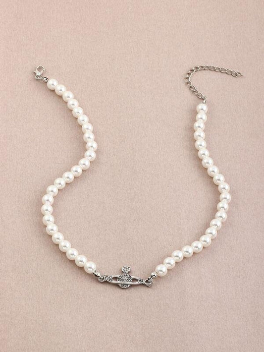 Rhinestone Planet Charm Faux Pearl Beaded Necklace for Women