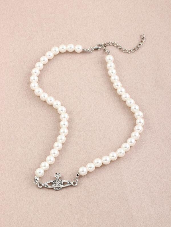 Rhinestone Planet Charm Faux Pearl Beaded Necklace for Women