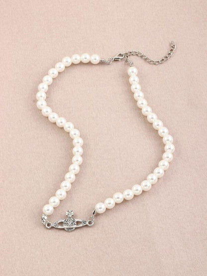 Rhinestone Planet Charm Faux Pearl Beaded Necklace for Women