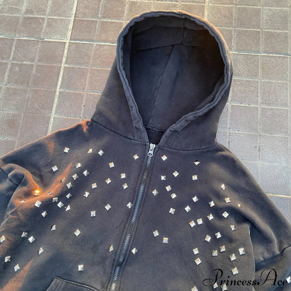 Rhinestone Zip-Up Street Hip-Hop Hoodie