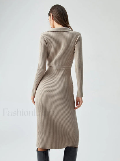 Ribbed Knit Contrast Trim Modern Collared Sweater Midi Dress