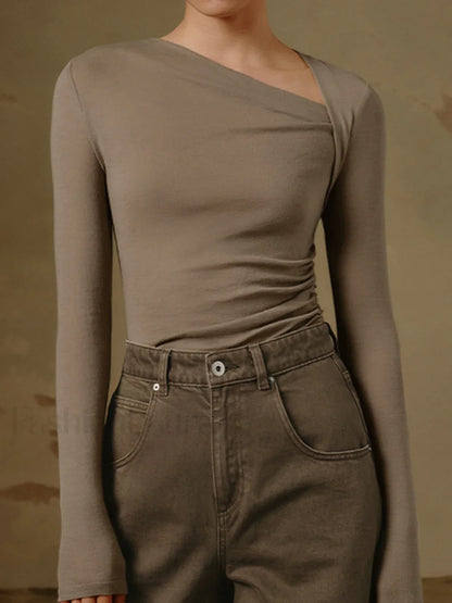 Ribbed Knit Long Sleeve Asymmetric Shirt