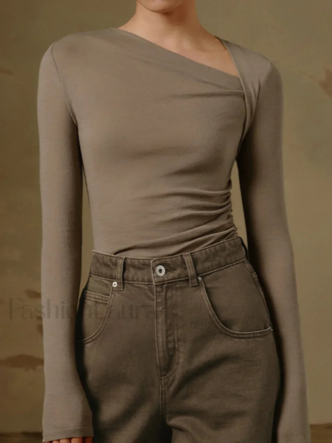 Ribbed Knit Long Trendy Sleeve Asymmetric Shirt