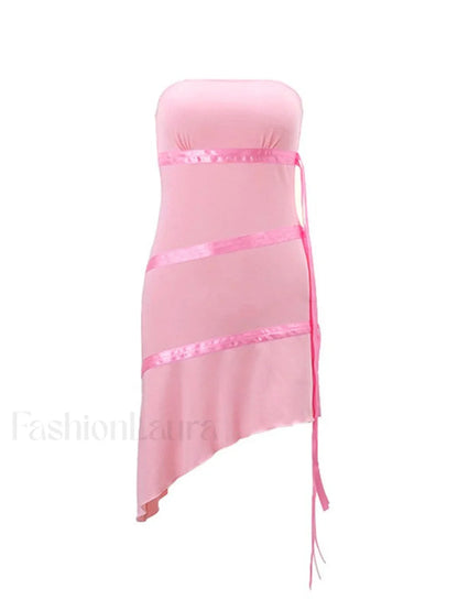 Ribbon Embellish Asymmetric Bandeau Mini Dress