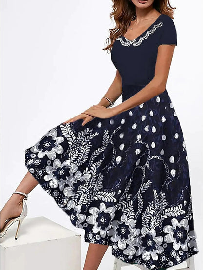 A Line Dress Midi Dress Blue Short Sleeve Print Print Spring Summer V Neck Casual  S M L XL XXL 3XL / Cotton for Women