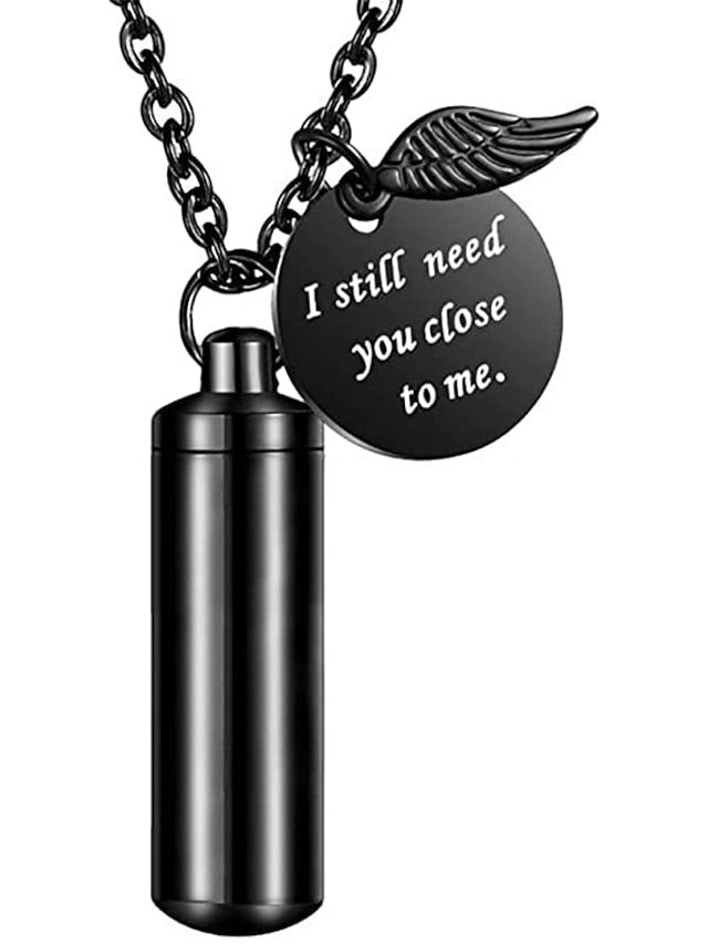 cylinder urn necklace for ashes cremation jewelry/keychain for human pet stainless steel memorial keepsake pendant with angel wing charm ashes jewelry-silver m for Women