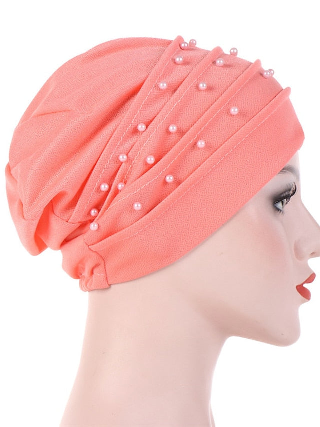 Muslim Women Turban Scarf Beaded Turban Hat Solid Color Beanies Cap Islamic Wrap Headscarf Musulman Femme Hijab Hair Care Accessories for Women