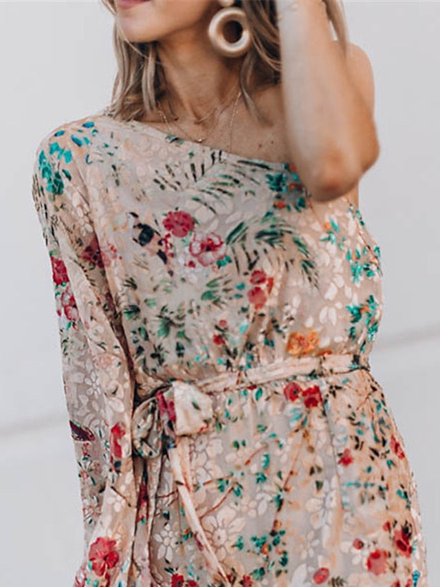 A Line Dress Midi Dress Beige Long Sleeve Floral Ruffle Winter Fall Autumn One Shoulder Vacation Winter Dress Fall Dress Spring Dress Loose Fit  S M L XL for Women
