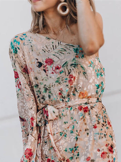 A Line Dress Midi Dress Beige Long Sleeve Floral Ruffle Winter Fall Autumn One Shoulder Vacation Winter Dress Fall Dress Spring Dress Loose Fit  S M L XL for Women