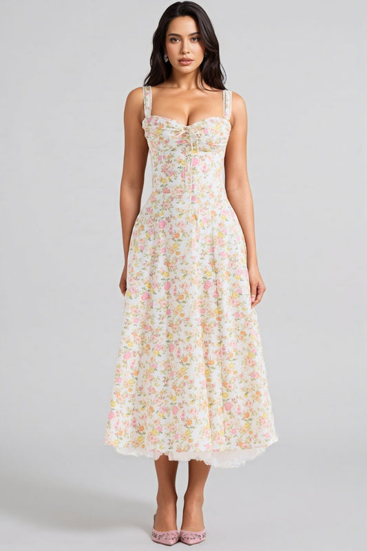 Larkt Meadow Floral Print Cotton Bustier Midi Dress