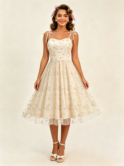 Vintage 1950s Floral Prom Dress For Women - Embroidery Mesh Tie-Shoulder A-Line Swing Midi Dress - Summer Cocktail 2026