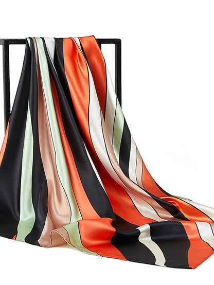 90*90cm Square Silk Scarf Women Shawls Neckerchief Stripe Print Hijab Scarf Lady Neck Scarves Soft Big Bandana for Women