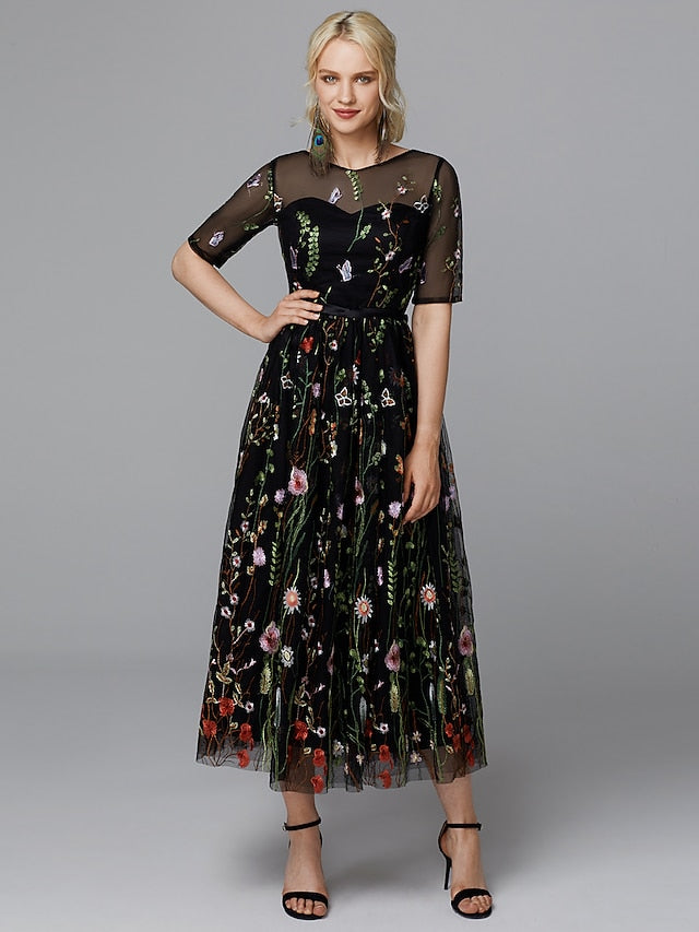 A-Line Floral Dress Holiday Tea Length Half Sleeve Illusion Neck Lace with Embroidery Appliques 2023