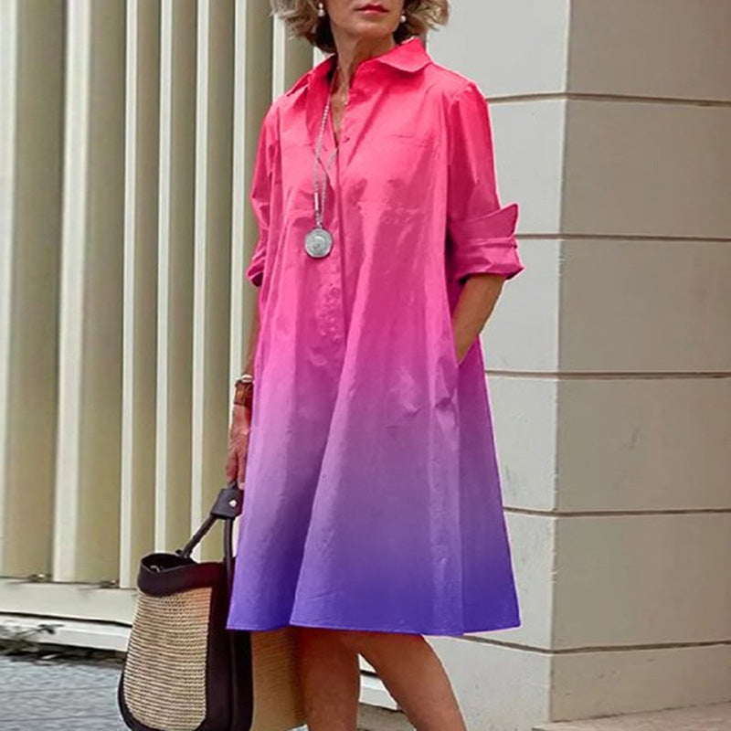 Office Casual Fashion Women Gradient Printing Shirt Collar Long Sleeve Pocket Dress