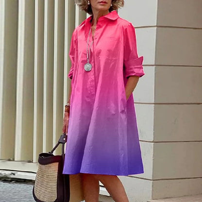 Office Casual Fashion Women Gradient Printing Shirt Collar Long Sleeve Pocket Dress