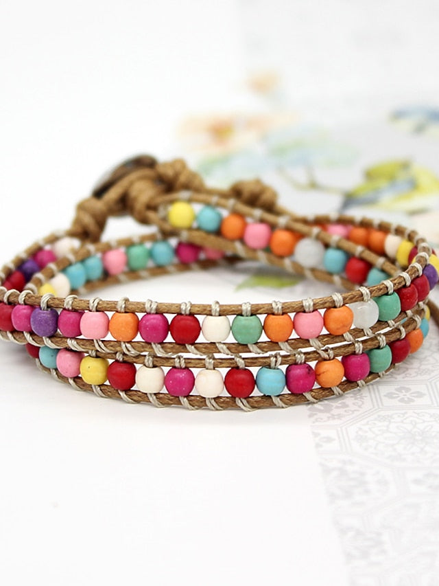 1 pc Multi-color stone wax thread braided multi-layer wound beaded bracelet ornaments for Women