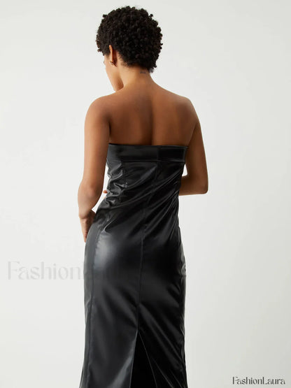 Ruched Faux Leather Trendy Tube Midi Dress