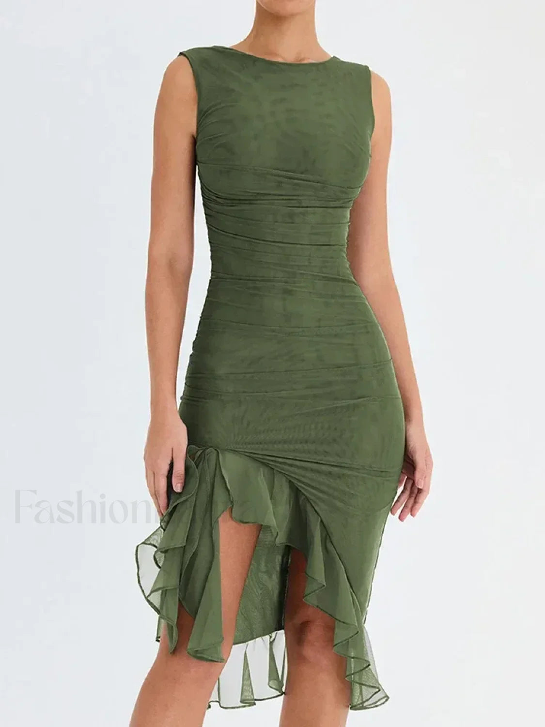 Ruched Irregular Hem Midi Dress