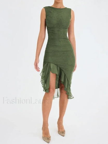 Ruched Irregular Hem Midi Dress