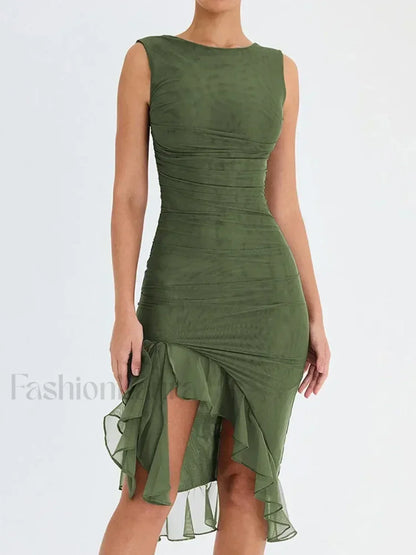 Ruched Irregular Hem Midi Dress