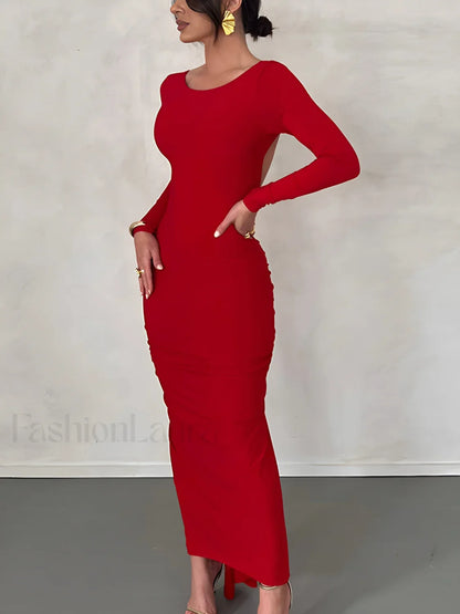 Ruched Open Back Trendy Long Sleeve Maxi Dress