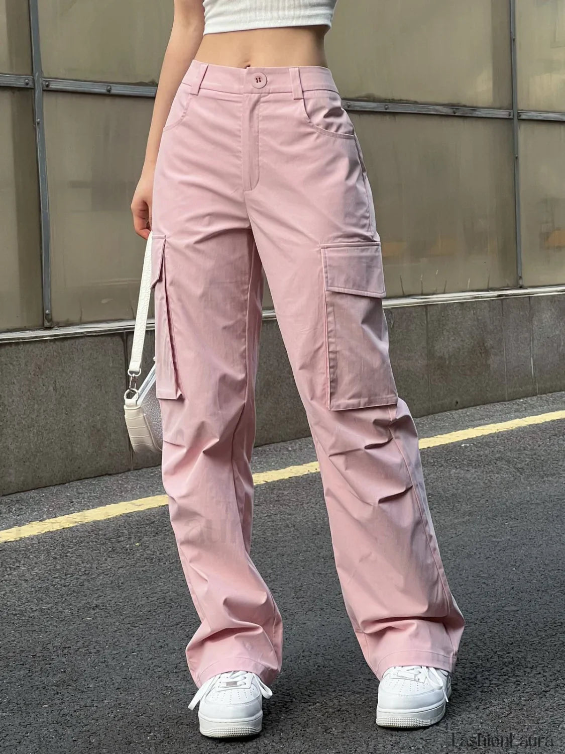 Ruched Pink Straight Leg Cargo Pants