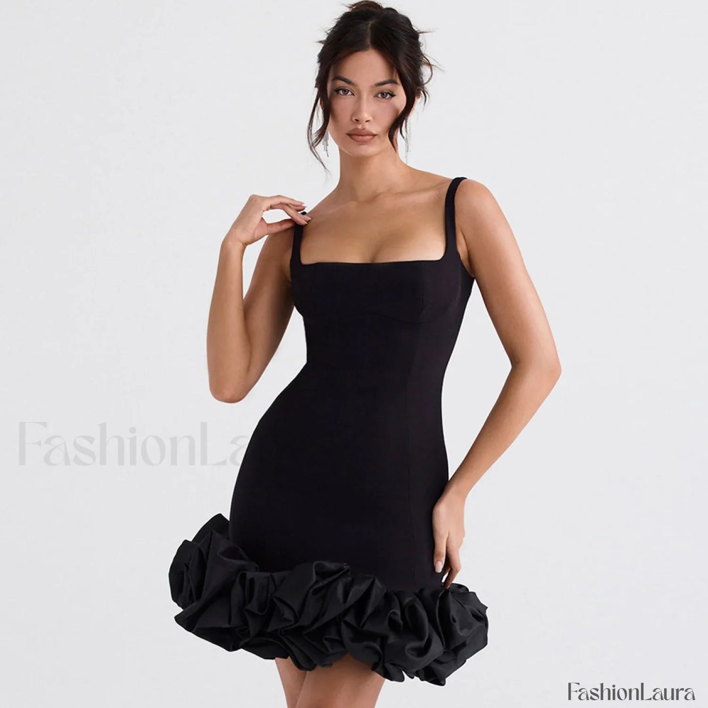 Ruffle Hem Square Neck Sleeveless Bodycon Party Mini Dress - Black