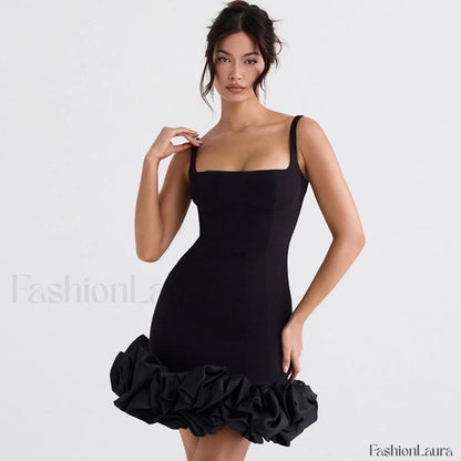 Ruffle Hem Square Neck Sleeveless Bodycon Party Mini Dress - Black
