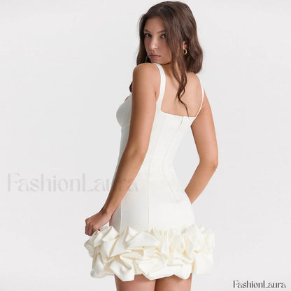 Ruffle Hem Square Neck Sleeveless Bodycon Party Mini Dress - White