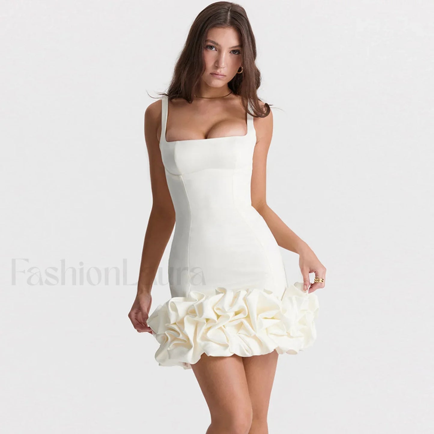 Ruffle Hem Square Neck Sleeveless Bodycon Party Mini Dress - White
