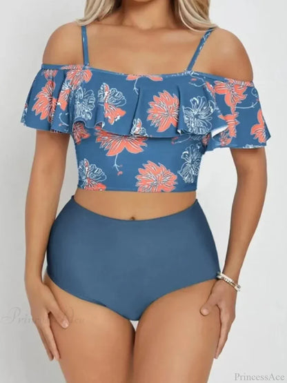 Ruffle Strap Floral Print Backless Two Piece Set