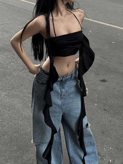 Ruffle Trim Halter Crop Cami Top
