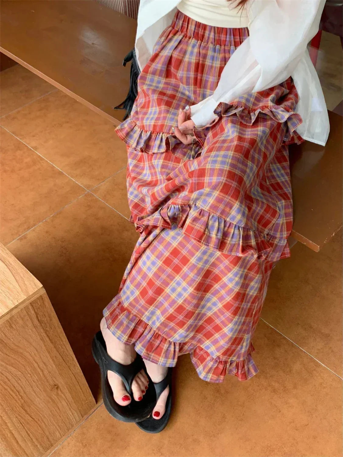 Ruffle Trim Plaid Maxi Skirt
